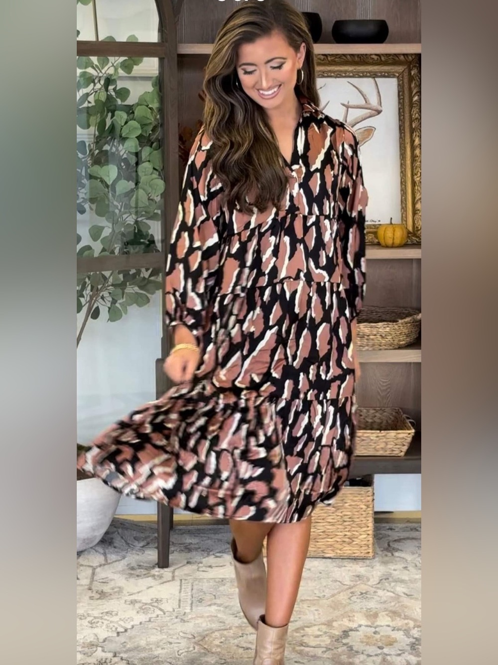 Umgee USA- Rust, Black & Cream Tiered Midi Dress. Leopard print, Flowy, Boho